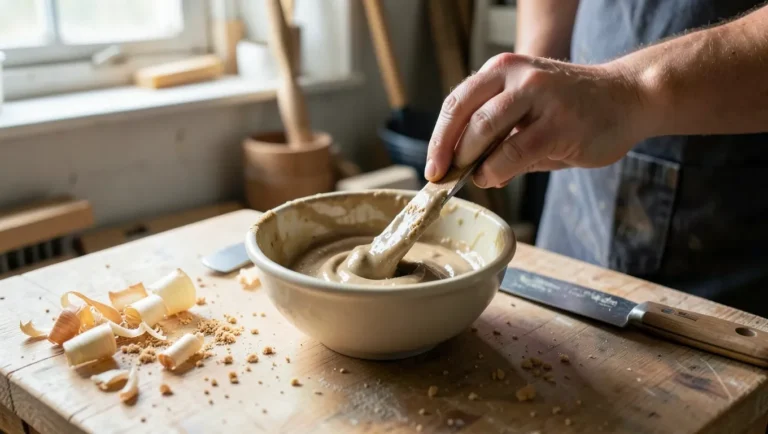 Mixing sawdust and wood glue into a paste for DIY wood filler