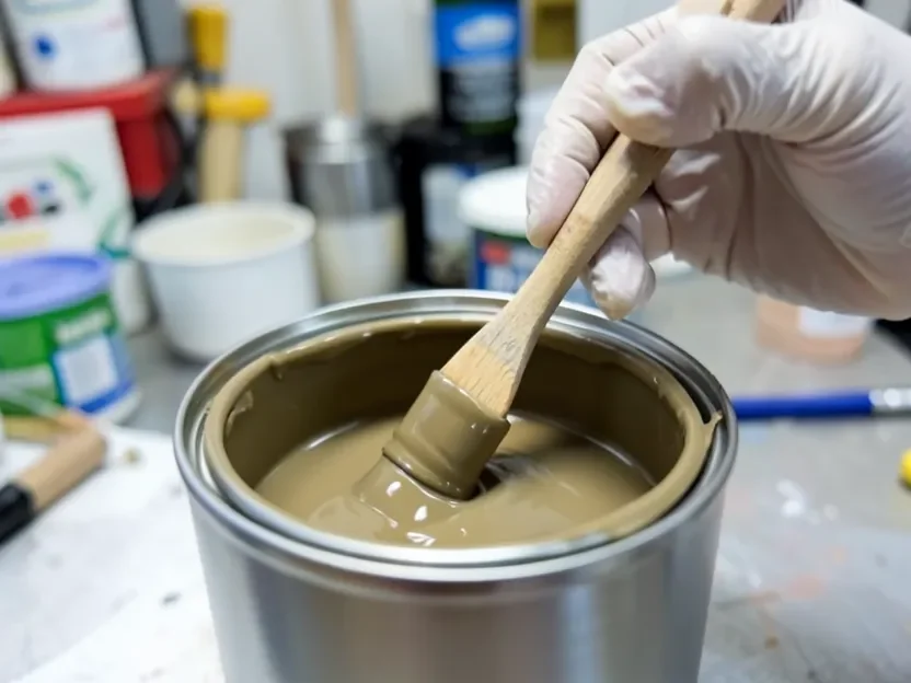 Stirring mineral spirits into oil-based paint with a wooden paint stick