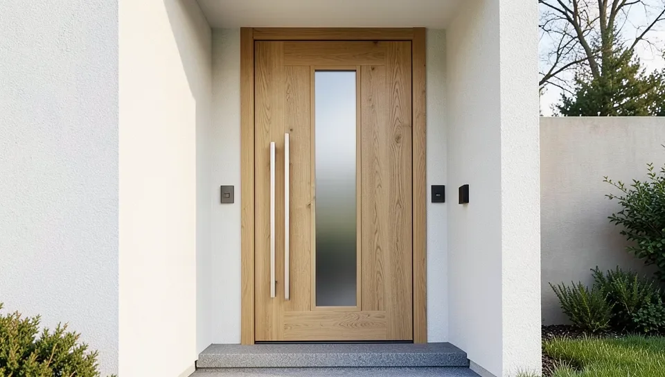 A modern teak wood door with a frosted glass panel insert