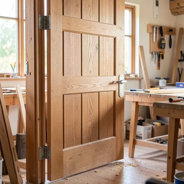 wooden main door with visible hinge hardware set into a house entrance wooden main door with visible hinge hardware set into a house entrance