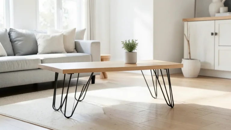 Minimalist modern wood bench with black hairpin metal legs