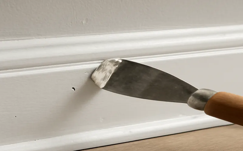 Applying wood filler into a nail hole in painted trim with a putty knife