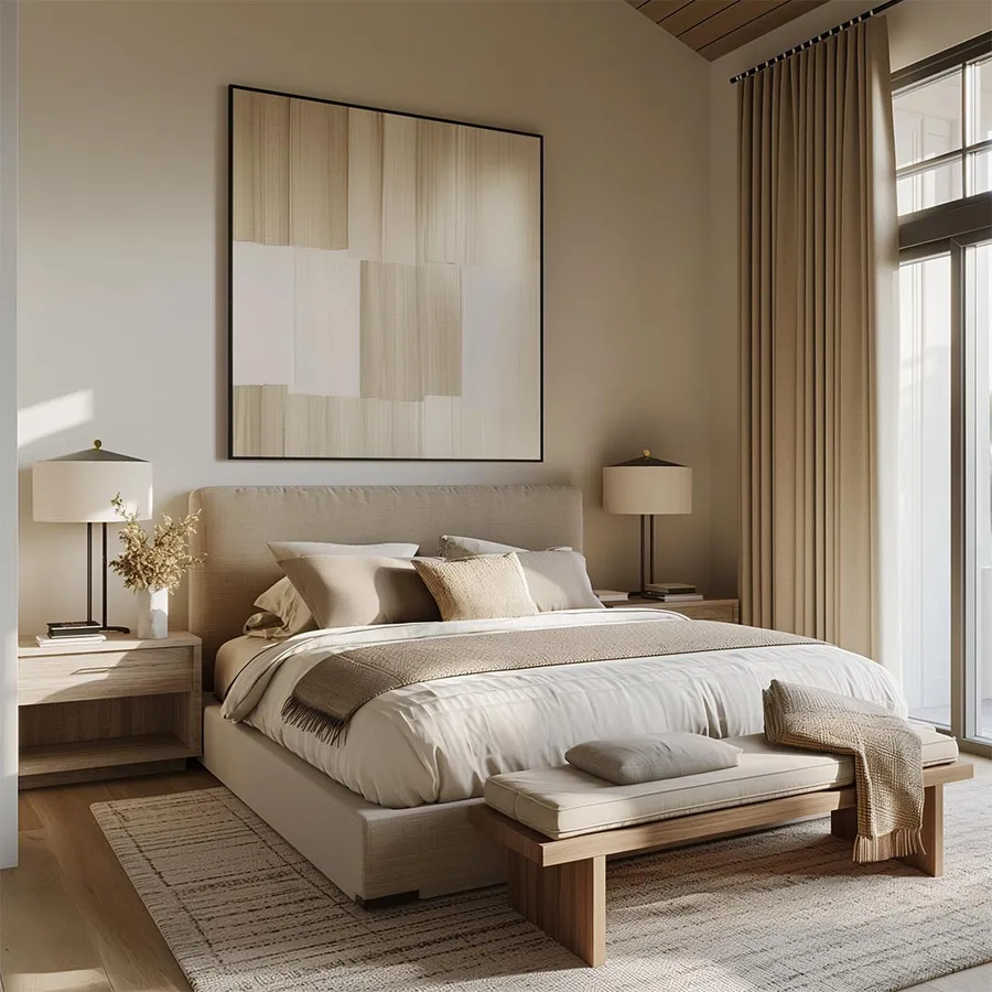 Neutral-toned bedroom with a tall window and linen curtains