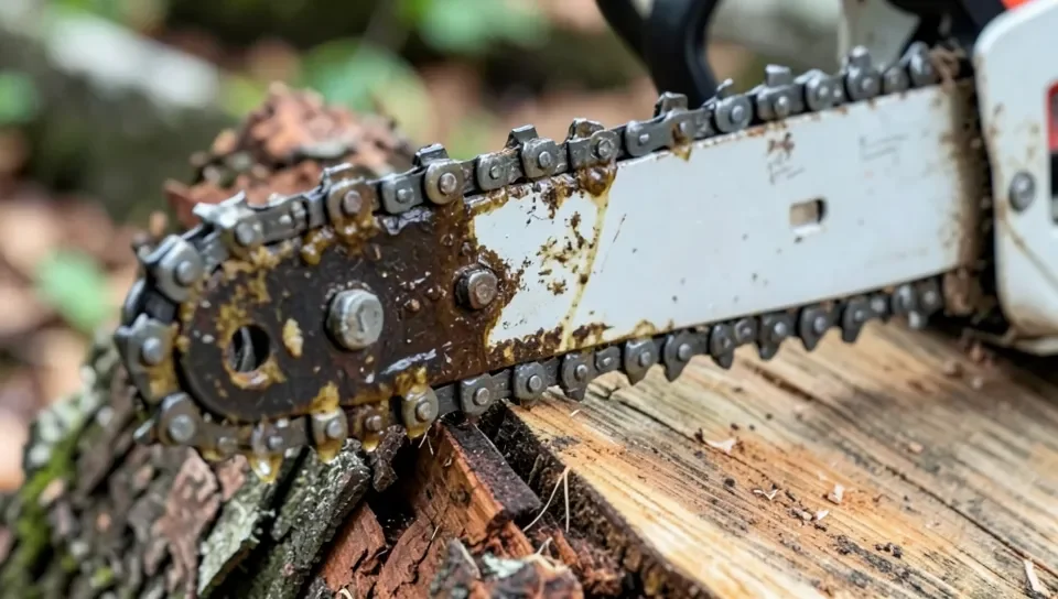 A chainsaw chain and bar with visible oil coating for lubrication