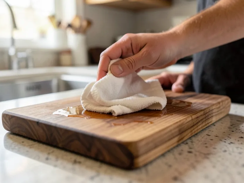A wood cutting board being oiled with a cloth in a kitchen