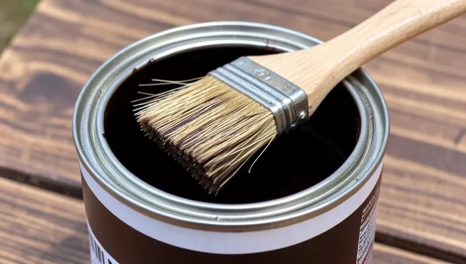 Open can of deck stain with an applicator brush