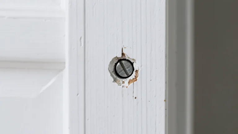 Close-up of an oversized stripped screw hole on a white door edge where a hinge attaches