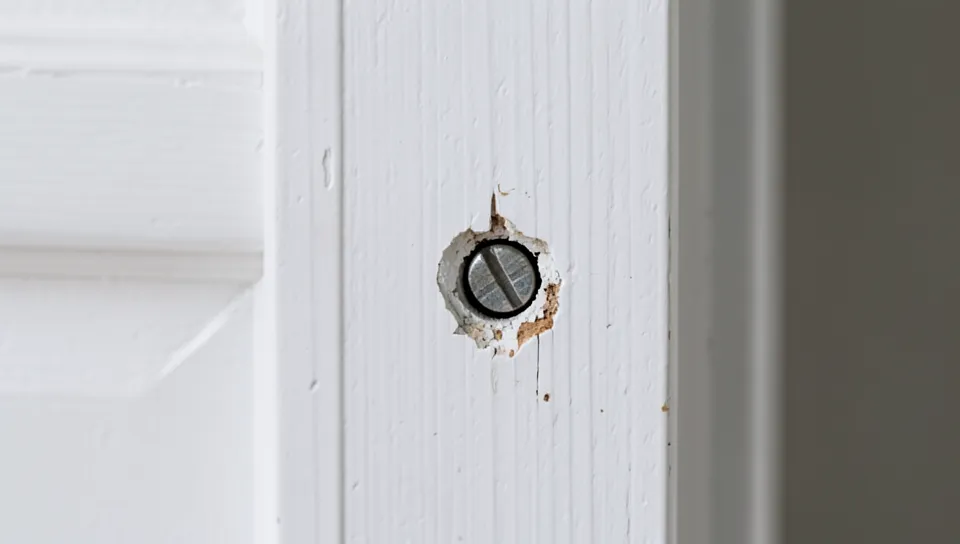 Close-up of an oversized stripped screw hole on a white door edge where a hinge attaches