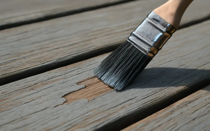 Paintbrush touching up a chipped spot on a painted deck board Paintbrush touching up a chipped spot on a painted deck board