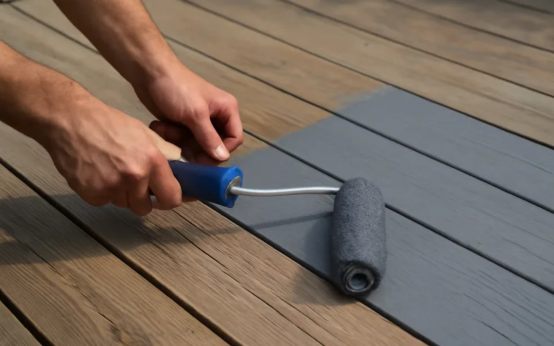 Applying paint with a roller to wooden deck boards Applying paint with a roller to wooden deck boards