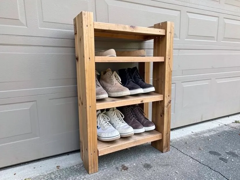 Pallet wood shoe rack leaning against a garage wall