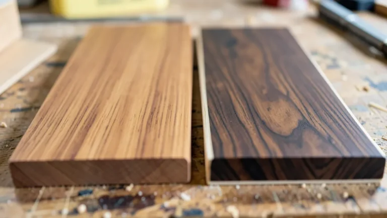 Peruvian walnut board next to American black walnut board showing color and grain differences