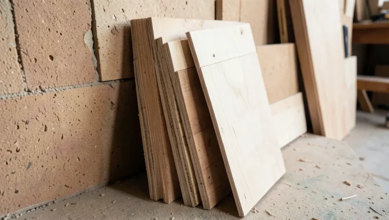 Stacked plywood and blockboard panels showing their cut edges in a woodworking shop