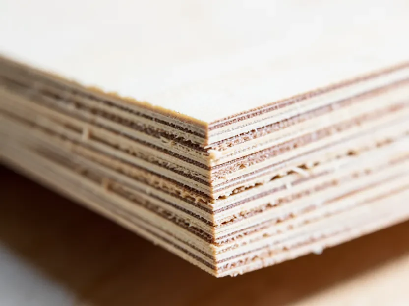 Close-up of a plywood edge showing thin cross-layered wood veneer sheets