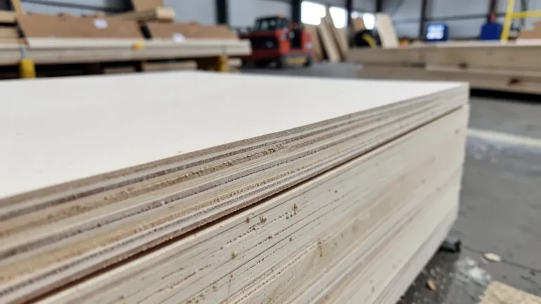 Close-up of stacked plywood sheets showing the laminated veneer layers