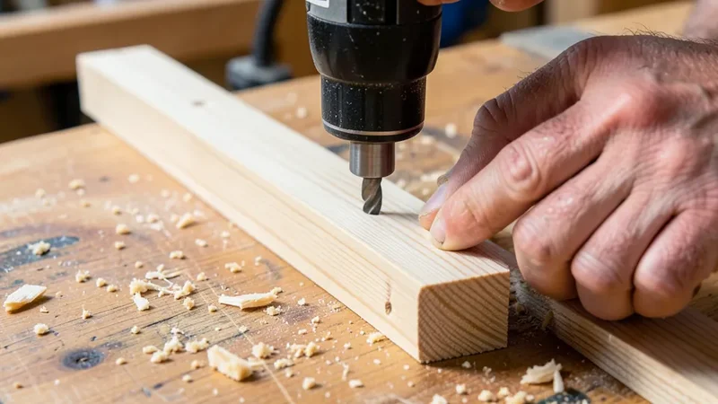Drilling pocket holes in a 2x4 for the bench frame