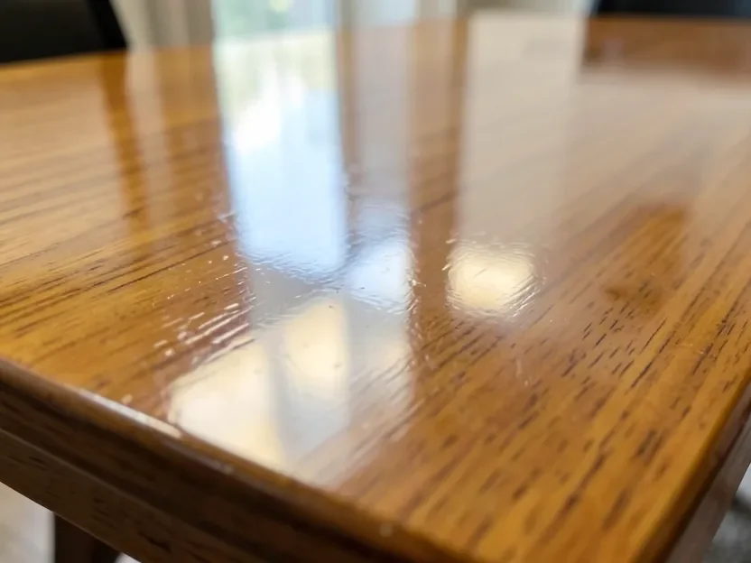 Close-up of a glossy polyurethane finish on a wood table top showing the wood grain beneath the film