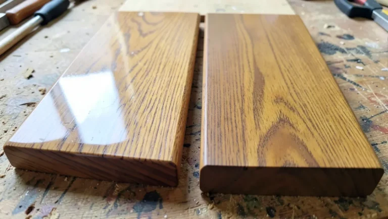Two oak wood boards side by side, one with a glossy polyurethane finish and one with a matte natural tung oil finish, showing the visual difference between the two
