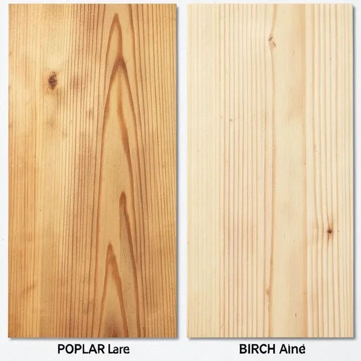 Poplar and birch wood boards showing color and grain differences