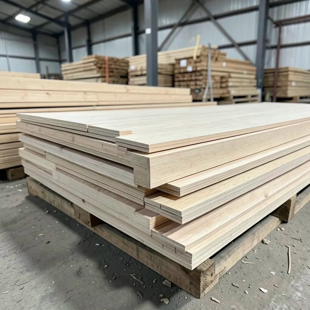 Stacked hardwood lumber boards in a lumber yard
