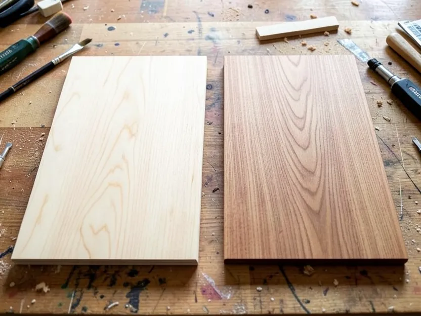 Poplar wood board (left) next to maple wood board (right) side by side on a workbench