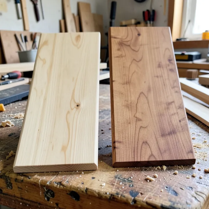 Poplar wood board (left) next to maple wood board (right) side by side on a workbench