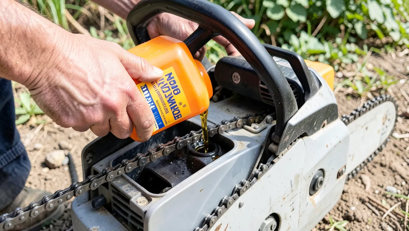 Pouring bar and chain oil into a chainsaw oil reservoir outdoors