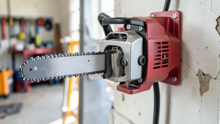 Bench-mounted professional electric chainsaw sharpener clamped to a workshop wall