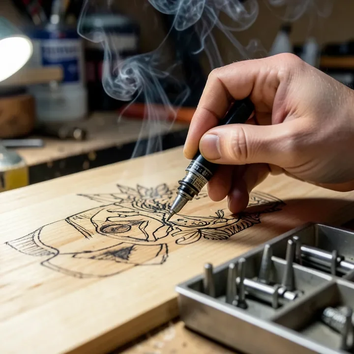 Hand using a wood-burning pen to shade a design on basswood