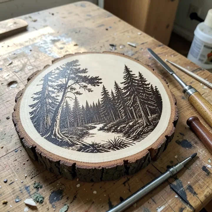 Finished pyrography landscape design burned into a wood slice