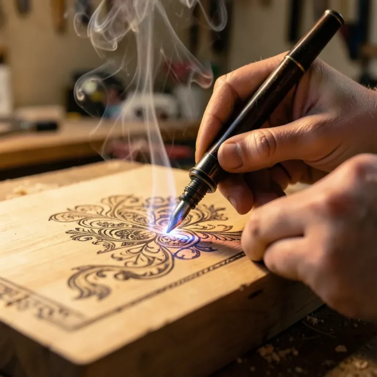 Using a professional wood-burning pyrography pen to burn a pattern into wood