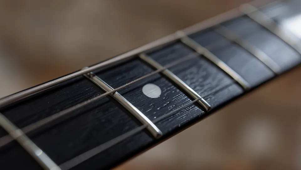 Close-up of a smooth black ebony guitar fretboard