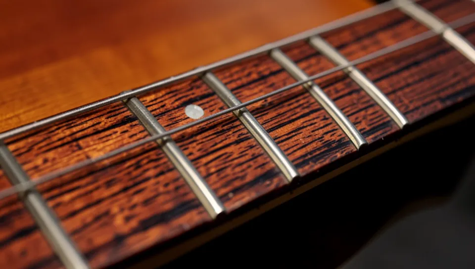 Close-up of a reddish-brown rosewood guitar fretboard with dark grain streaks
