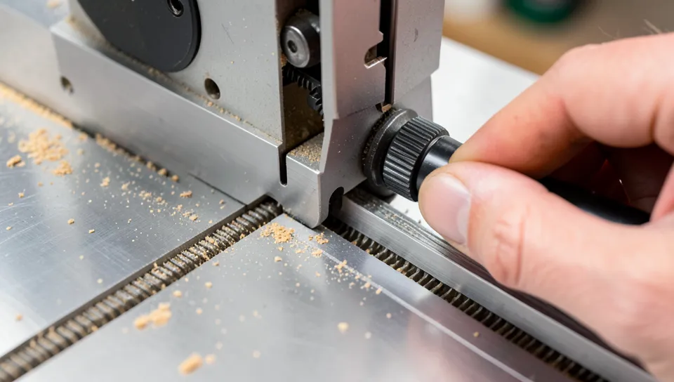 Close-up of a rack-and-pinion table saw rip fence adjustment mechanism