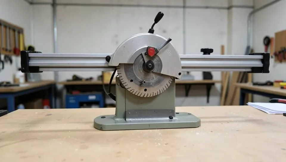 A radial arm saw with its horizontal arm and blade assembly