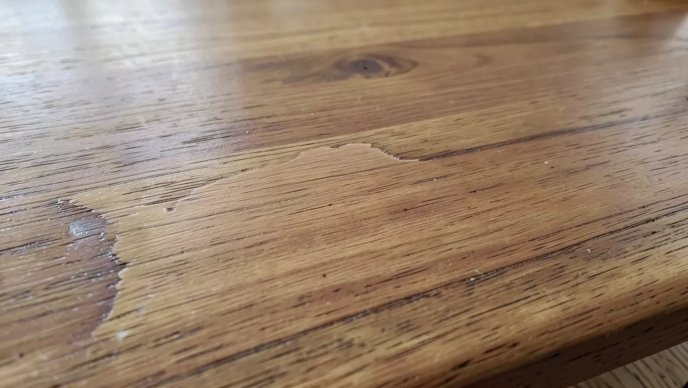 A tabletop showing bare wood next to its old polyurethane finish