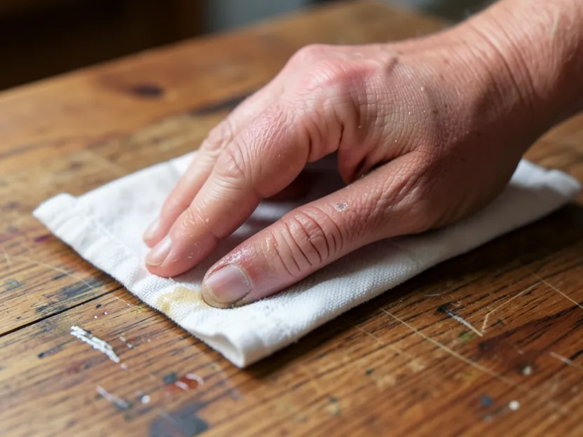 Close-up of a hand rubbing oil finish into a wood tabletop with a cloth