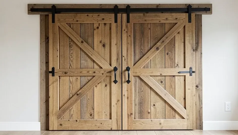 A rustic barn-style teak wood sliding door with cross-beam detailing