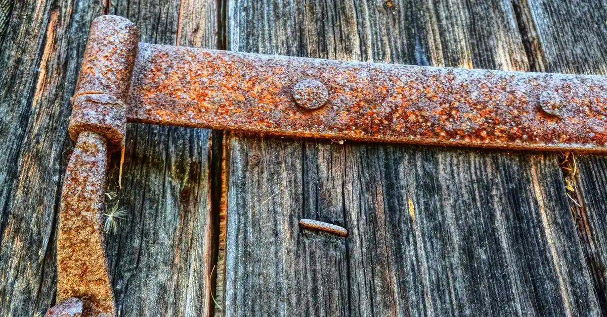 Rusty strap hinge on a weathered wooden door