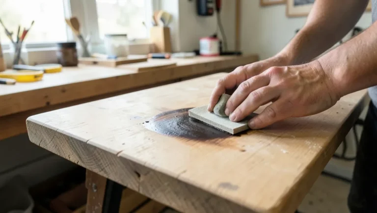 Sanding a stained wood tabletop before refinishing