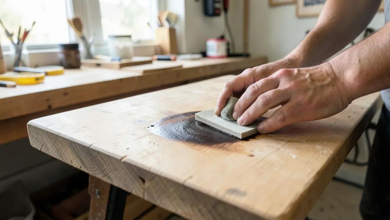 Sanding a stained wood tabletop before refinishing