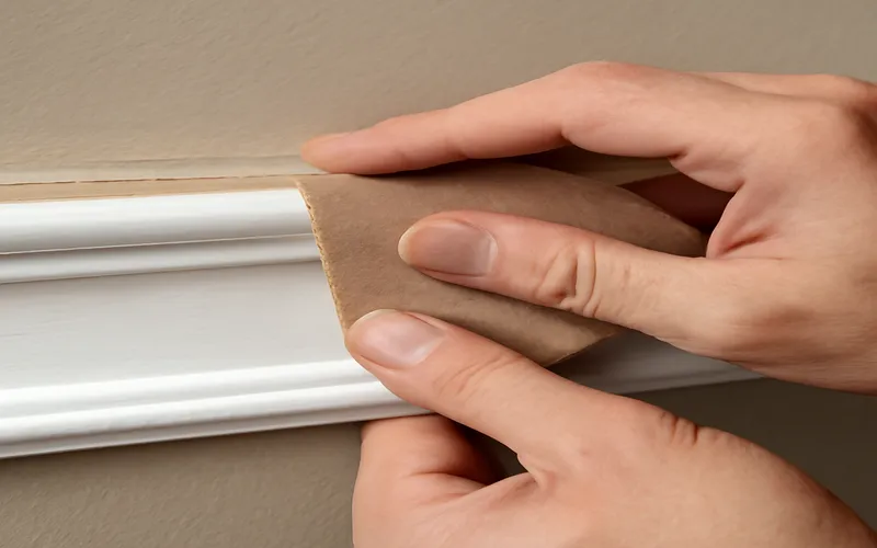 Hand-sanding painted trim with fine-grit sandpaper