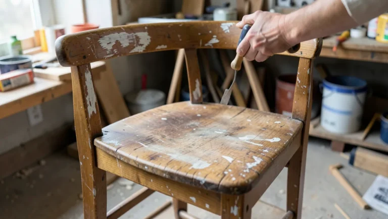 Wooden chair with old peeling paint being scraped off with a putty knife