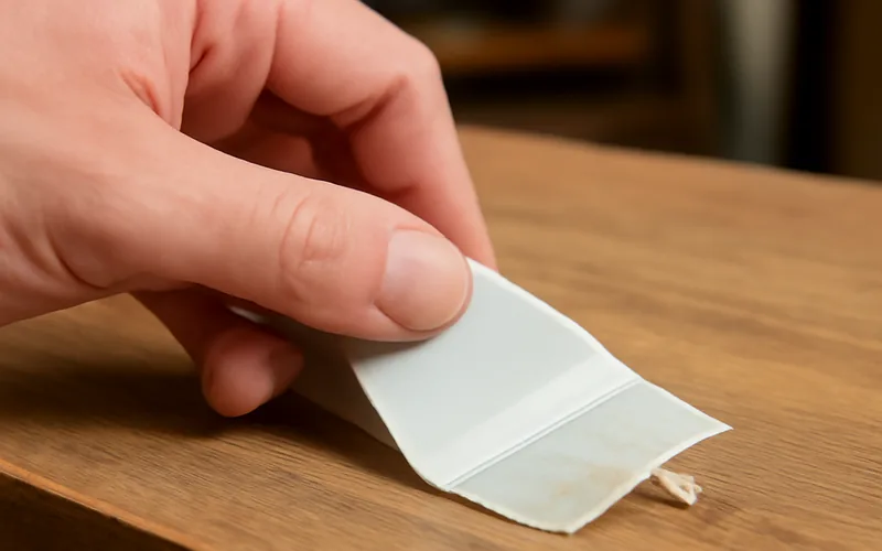 Plastic scraper peeling a paper label sticker off a wood shelf board Plastic scraper peeling a paper label sticker off a wood shelf board