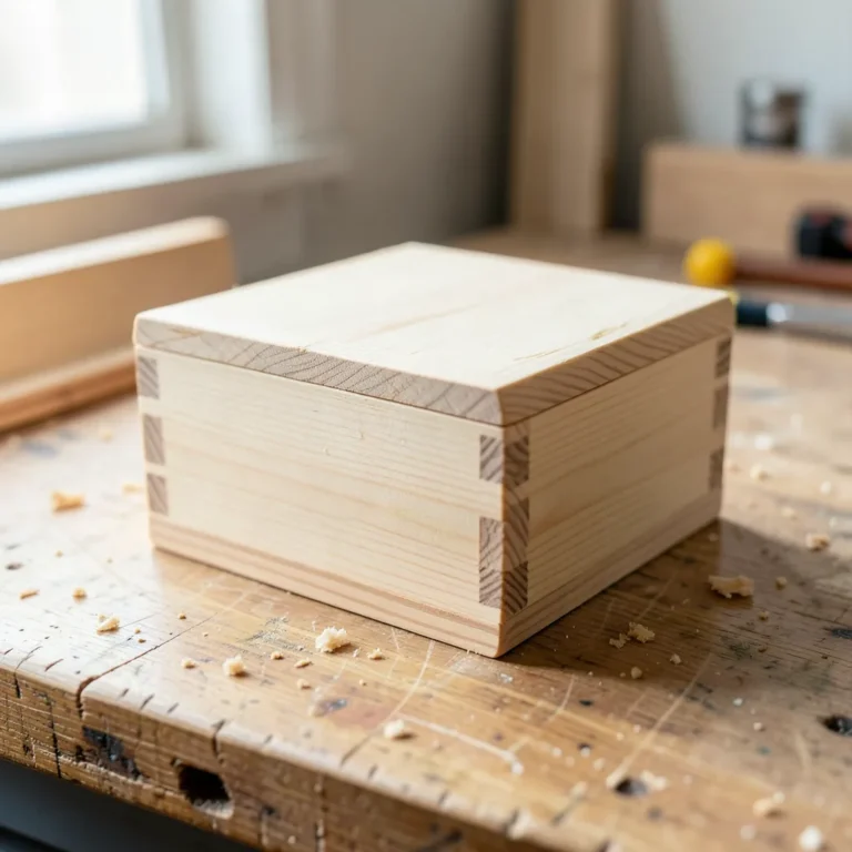 A simple handmade wooden box with visible joinery on a woodworking workbench