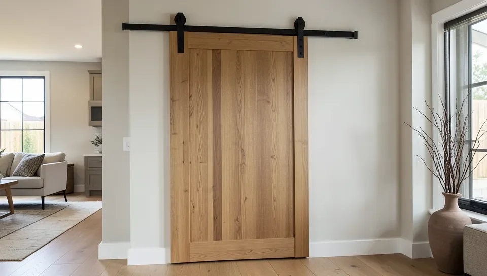 Sliding barn-style teak wood door on a track