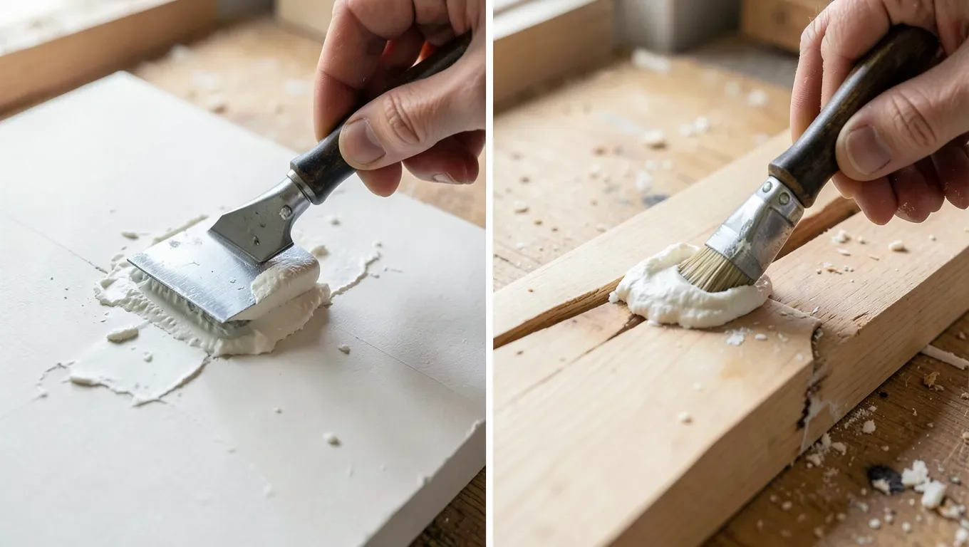 Side by side comparison of gypsum spackle on drywall and wood filler on a wood board
