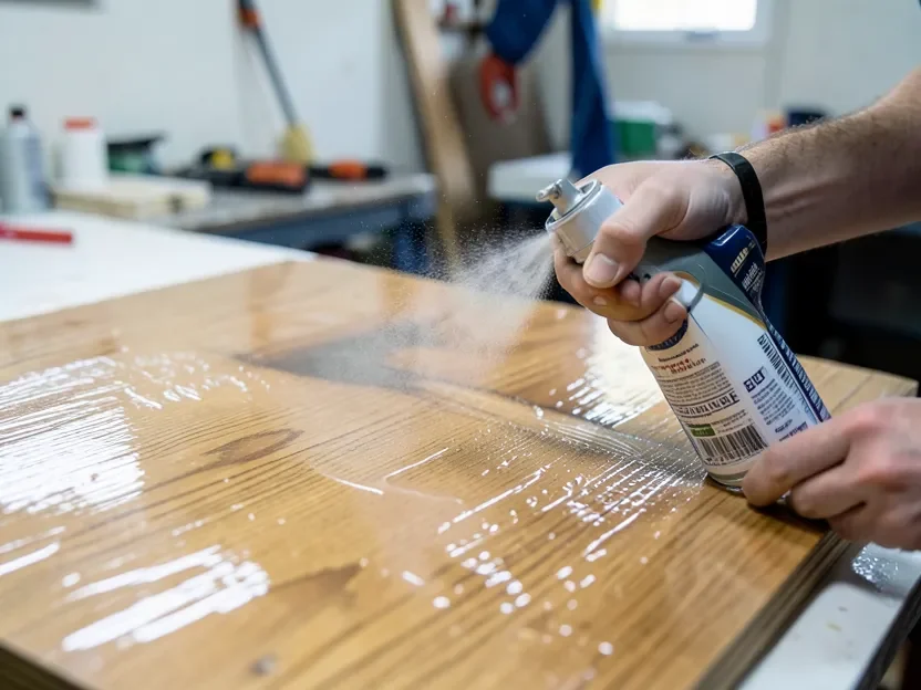 Nitrocellulose lacquer being sprayed onto a wood panel, solvent flashing off as it dries