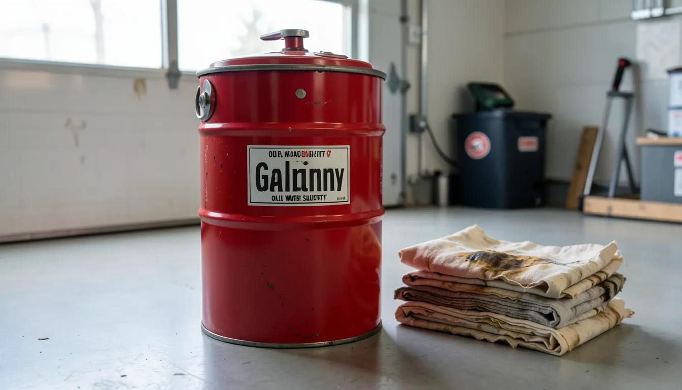 Red galvanized steel oily waste safety can beside a folded stack of oil-stained wood stain rags in a home workshop