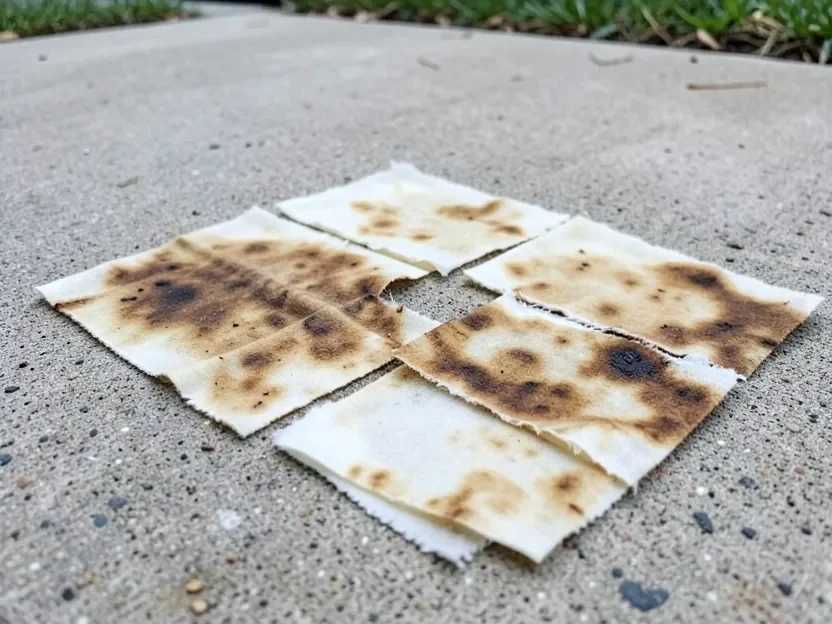 Oil-stained wood finishing rags spread out flat and separated on a concrete driveway to air dry safely